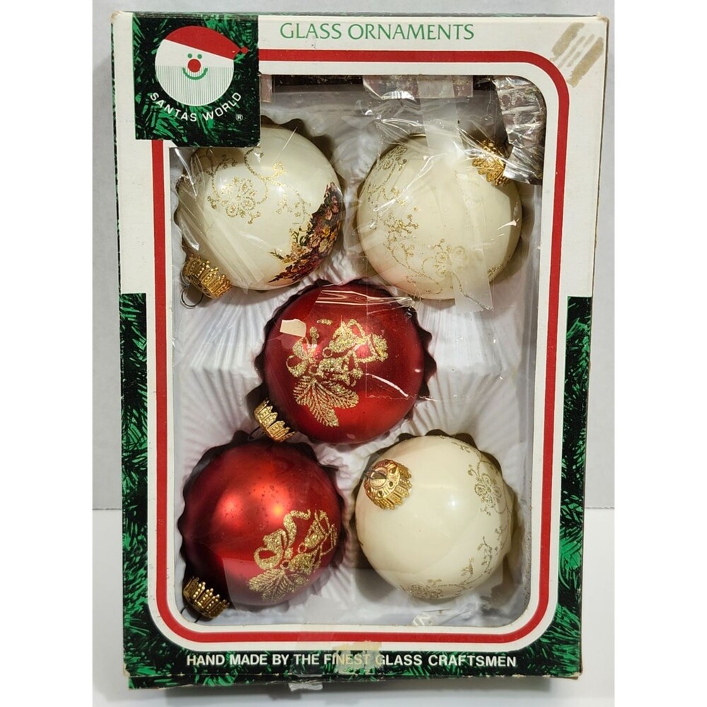 Vintage Kurt Adler Round Glass Christmas Tree Ornaments Red White Santas World